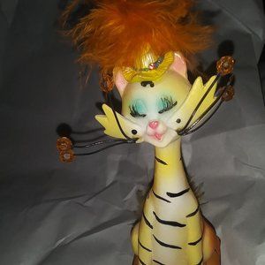 Yellow tabby cat sitting on orange pillow Beading Vintage Figurine